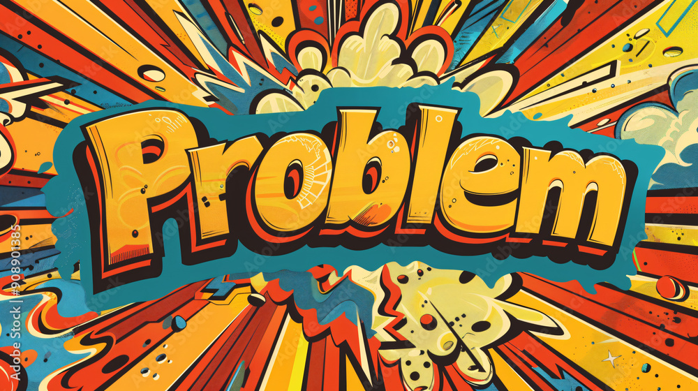 Poster The word problem exploding from a colorful retro comic book background with radial lines and halftone effects