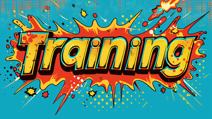 Comic book style illustration of the word training conveying concepts of learning and development