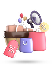 3d rendering of e-commerce with discount tag icon set