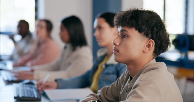High school, education and class of students learning curriculum for exam, assignment or project. Listening, academy and group of teenagers in tutoring session to boost grades, gpa or pass for test.