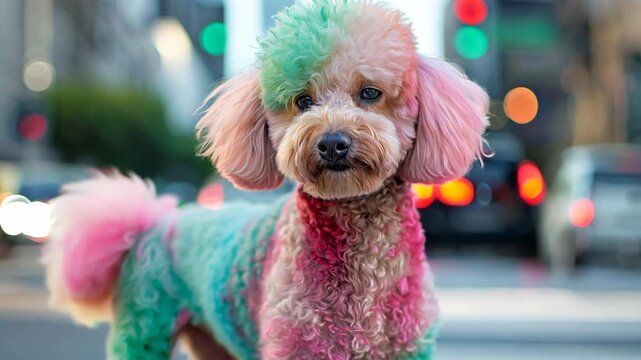 Colorful poodle with dyed fur standing on a busy city street