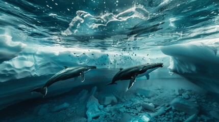 Obraz premium Photo of a whale swimming in the water in a beautiful iceberg.