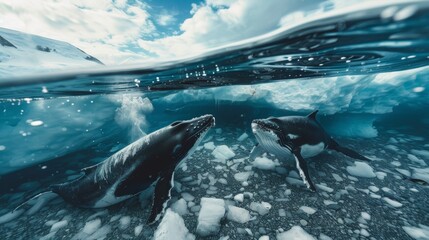 Fototapeta premium Photo of a whale swimming in the water in a beautiful iceberg.