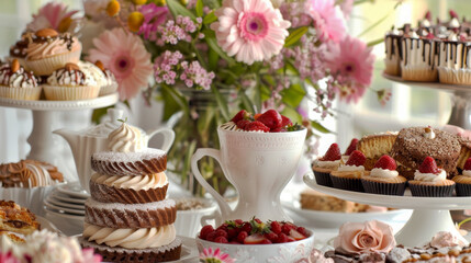 Fototapeta premium Sweet Symphony: A delightful spread of pastries and flowers, capturing the essence of a charming afternoon tea party.