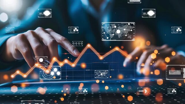 Hand interacting with futuristic UI, digital transformation, advanced data analysis
