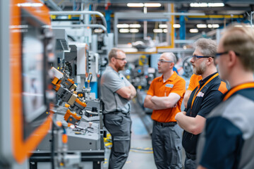 A group of engineers engages in teamwork, discussing technical details in a state-of-the-art workspace