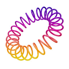 Yellow and violet plastic spring in the shape of a circle. Abstract 3D helix with glossy texture isolated on a transparent background. 3D render. 