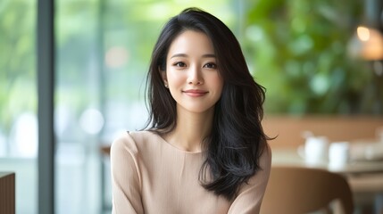 Elegant Woman Smiling in Modern Cafe