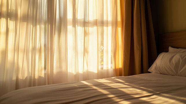 a bedroom window with sheer curtains gently glowing from the soft morning sunlight, symbolizing the natural circadian rhythm