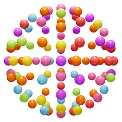 Multi-colored sphere made of many little spheres. Abstract geometric shape. Plastic sphere with a glossy surface on a transparent background.