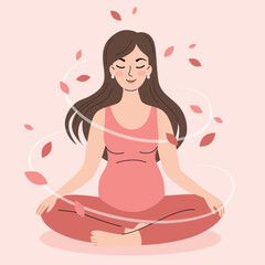A young pregnant woman meditates in the lotus position,does yoga.Flat vector illustration in cartoon style