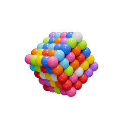 Cube made of many multi-colored spheres. Abstract geometric shape. Plastic spheres with a glossy surface on a transparent background.