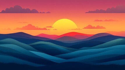 Obraz premium Sunset over a Mountain Range with a Large Yellow Sun