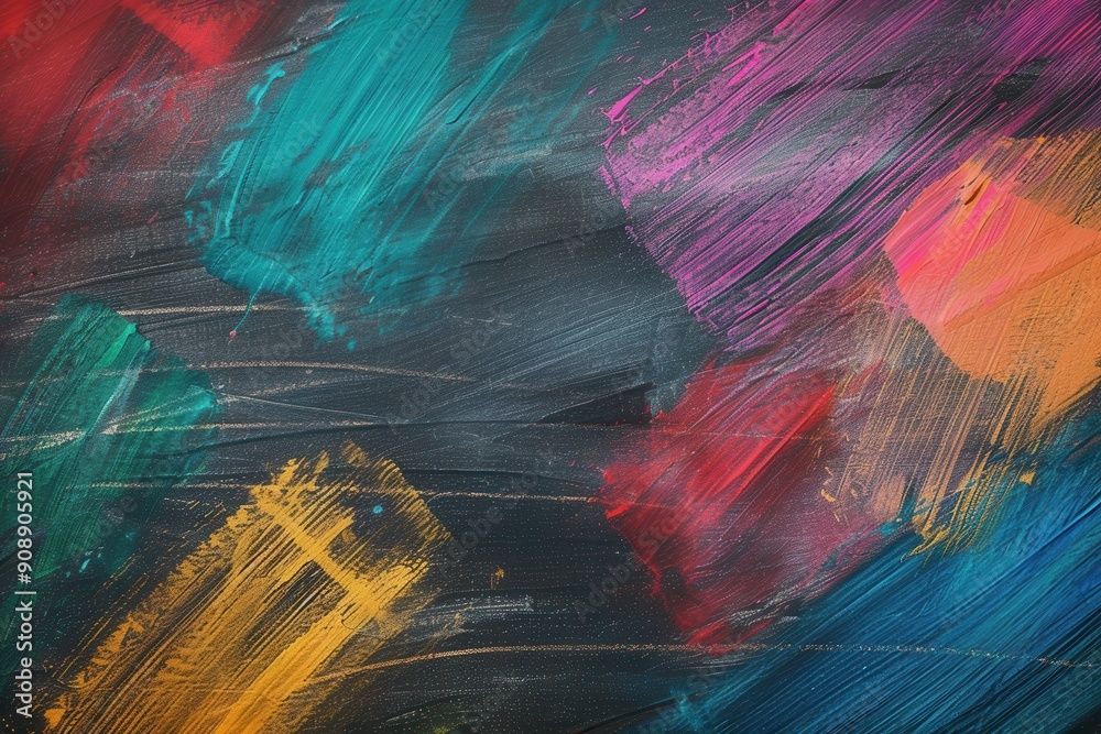 Poster bright and colorful brushstrokes adorn a dark green chalkboard in a lively creative space, showcasin