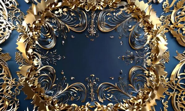 Golden Floral Frame on Dark Blue Background