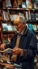 An elderly man browses a book in a warm bookstore filled with shelves of literature