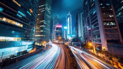 Fototapeta premium Nighttime Cityscape with Light Trails in Hong Kong