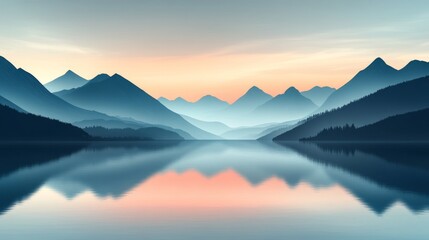 Misty Mountain Range Reflected in a Still Lake at Sunset