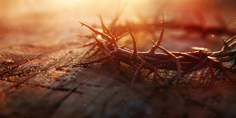 Illuminated Crown of Thorns on Wooden Surface at Sunrise  Symbol of Good Friday and Jesus Christ's Sacrifice