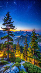 sunset in the mountains, nature, sky, landscape, mountain, trees, pine, green, blue, autumn, summer, view, mountains, winter, park, grass, sun, water