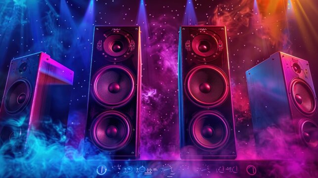 Generic design of loudspeakers for music and surround sound home theater systems, featuring party and concert audio stereo control with data design elements and ample copy space in the banner design.