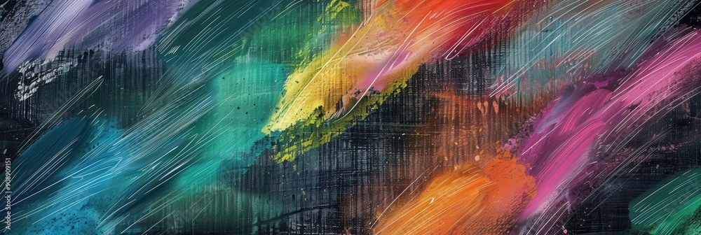Aufkleber Colorful brushstrokes create an abstract design on a dark green chalkboard, adding artistic flair to the classroom environment. Generative AI