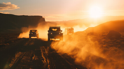 Fototapeta premium An invigorating off-road adventure with SUVs traveling through a dusty, rocky landscape during a stunning sunset.
