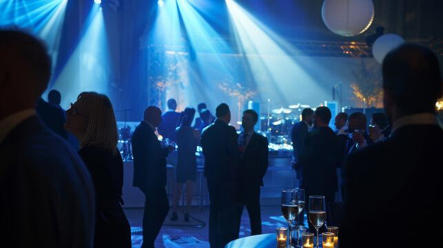 An elegantly lit evening event with guests mingling under soft blue lights, creating a sophisticated and ambient atmosphere.