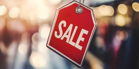 Red Sale Tag with Blurred Shopping Background

