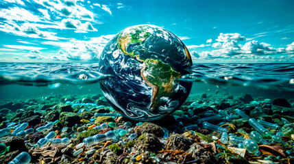 The earth is surrounded by plastic bottles and trash in the ocean, with bright blue sky in the background.