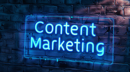 Obraz premium Content marketing neon sign illuminated on a brick wall at night
