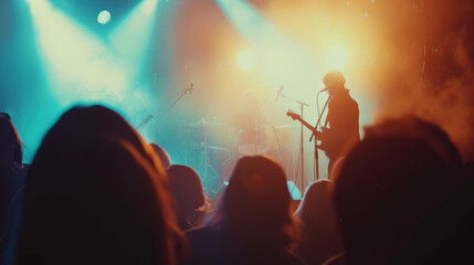 A vibrant concert scene with a band performing under colorful stage lights, and an enthusiastic crowd enjoying the music.