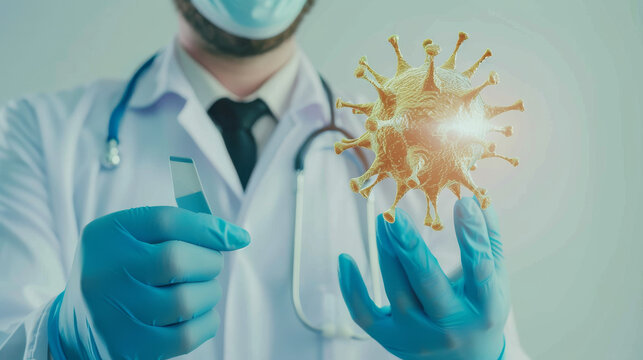 A scientist in a lab coat holds a glowing virus model with a pair of tweezers, signifying intense study and research.