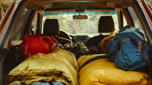 A tightly packed car trunk filled with camping gear, including sleeping bags, backpacks, and hiking boots, ready for an adventure in the great outdoors.
