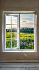 Window with view of field of wildflowers and trees. © OLHA