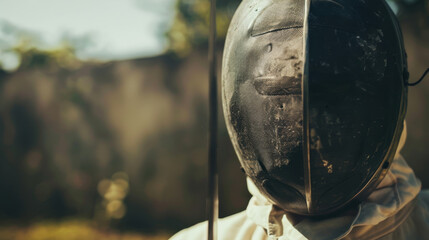 A close-up of a fencer wearing protective gear and a helmet, with an intense focus, captured in a dramatic light setting.
