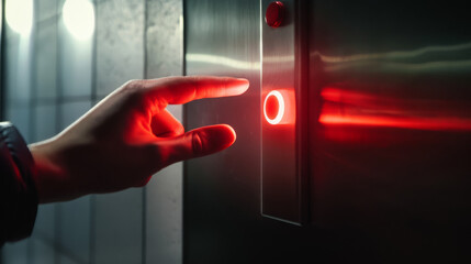 A finger presses a sleek red elevator button, casting an intense, focused glow, signaling an impending journey or decision.
