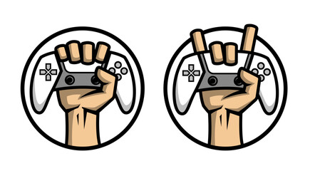 The hand holds the controller. Hardcore gamer logo two options. © makstrv