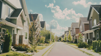 A serene suburban street lined with modern houses, trees, and gardens, under a clear blue sky with fluffy white clouds.