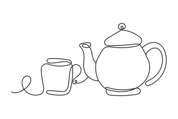 teapot and cup. Teapot and cup in one line style hand drawn. Vector illustration of tea party elements in continuous line. Minimalistic style, vector