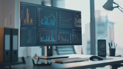 A sophisticated office setup with a large monitor displaying data analytics, reflecting productivity in a modern workspace.