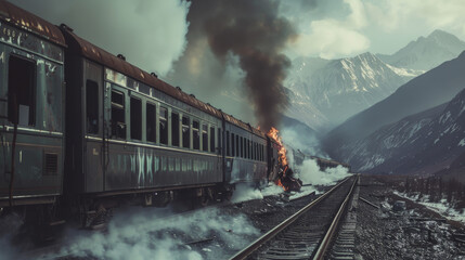 A derailed train emits thick smoke, with part of it engulfed in flames, set against a backdrop of snow-capped mountains and dramatic skies.
