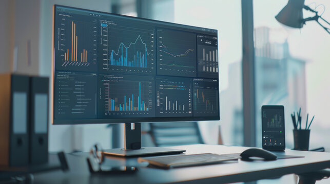A sophisticated office setup with a large monitor displaying data analytics, reflecting productivity in a modern workspace.