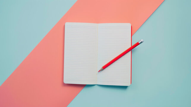 An open notebook with a red pencil lies diagonally on a pastel coral and blue background, representing creativity, planning, and productivity.