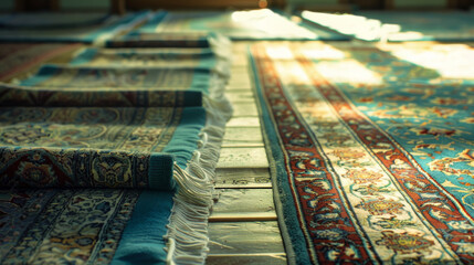 Sun-drenched and intricately patterned rugs lie in a cozy room, illuminated by soft, natural light, exuding warmth and cultural richness.