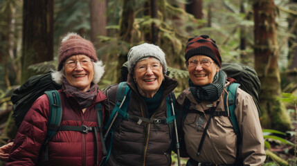 Fototapeta premium Three elderly women, dressed in hiking gear, smile and pose together in a lush, forested area, radiating friendship and the spirit of adventure.