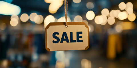 Sale Sign Hanging: A classic sale sign hangs in a storefront window with a blurred background of lights. The sign is a simple cardboard tag with string hanging from it, with the word "SALE" printed in