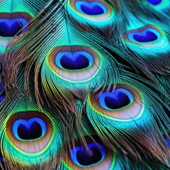 Naklejka premium Peacock Feather Majesty: A mesmerizing close-up capturing the iridescent beauty and intricate detail of a peacock's plumage. 