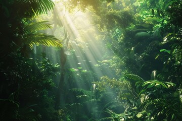 Obraz premium Lush green jungle with sunlight shining through foliage suitable for naturethemed designs, environmental websites, travel brochures, tropical settings.
