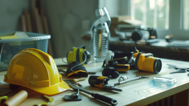 A well-organized workbench with yellow safety gear and various tools, capturing the spirit of craftsmanship and industriousness in a bright workspace.